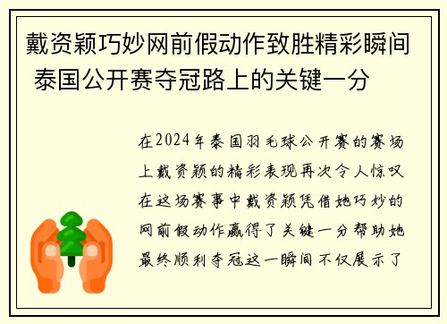 戴资颖巧妙网前假动作致胜精彩瞬间 泰国公开赛夺冠路上的关键一分